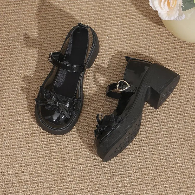 LBSFY -Ankle Buckle Chunky Heels Bow Women Japanese Style Patent Leather Mary Jane Shoes Woman Punk Thick Heels Single Lolita Shoes
