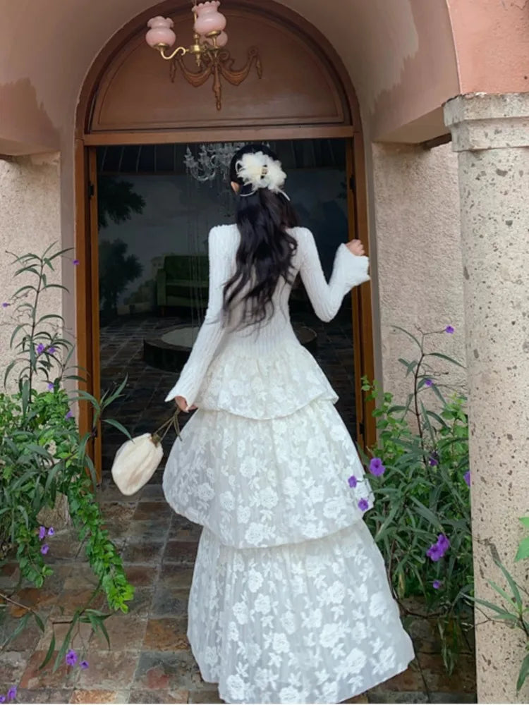 LBSFY -Elegant Fairy Womens Dresses Knitted Patchwork Flare Sleeves Princess Cake Long Dress Autumn Party Prom A-Line Vestidos Robe New