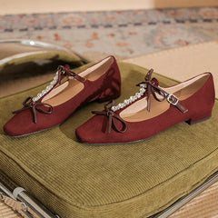 LBSFY  -  Crystal Chain Mary Jane Shoes Women Bow Soft Sole Square Toe Dress Shoes Shallow Female Suede Rhinestone Designer Shoes Women