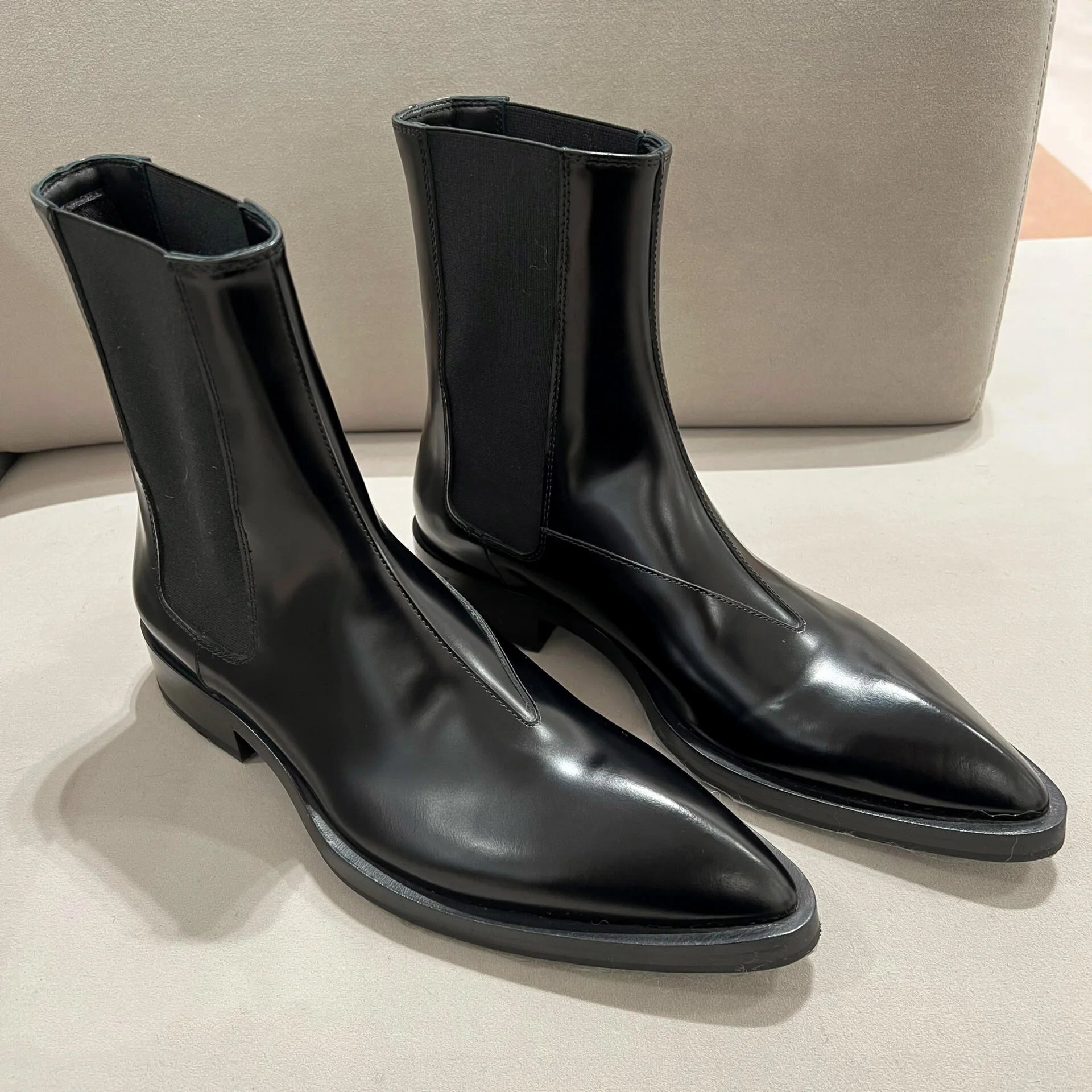 LBSFY  -  Sharp Pointed Chelsea Boots Patent Leather, Spliced with Elastic Fabric, Short Boots, Mid Length Boots, Slim Boots for Women