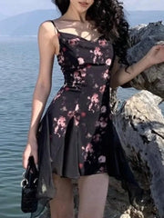 LBSFY -Summer Elegant Print Chic Ruffle Short Dress V-Neck Concert Strap Chiffon Party Dresses Women Spliced Graduation Clothes 2025