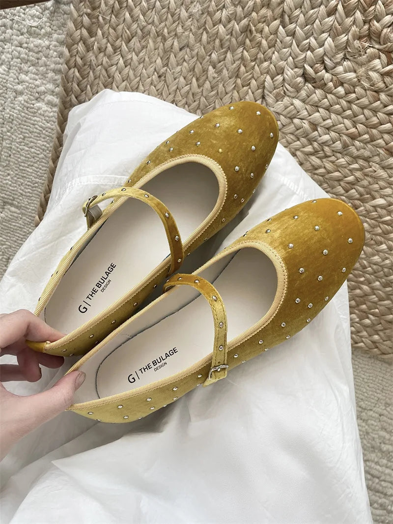 LBSFY -Rivet Decor Velvet Mary Janes Shoes Women Round Toe Elegant Ballet Flats Shoes Ladies Buckle Strap Spring Autumn Loafers New