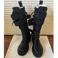 LBSFY  -  European Station Roman Style Belt Buckle Rivet Knight Boots Women's Thick Soled Motorcycle Boots Not Over The Knee Long Boots
