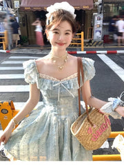 LBSFY -Y2K Sweet Korean Preppy Style Mini Dress Lace Puff Sleeves Square-Collar A-Line Slim Waist Woman Dresses French Elegant New
