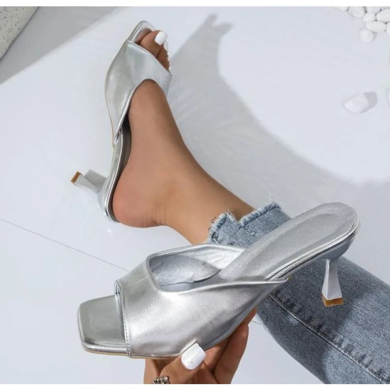 LBSFY -Luxury Gold Silver High Heels Sandals Women 2025 Slip On Square Toe Summer Slippers Woman Plus Size 43 Thin Heeled Party Shoes