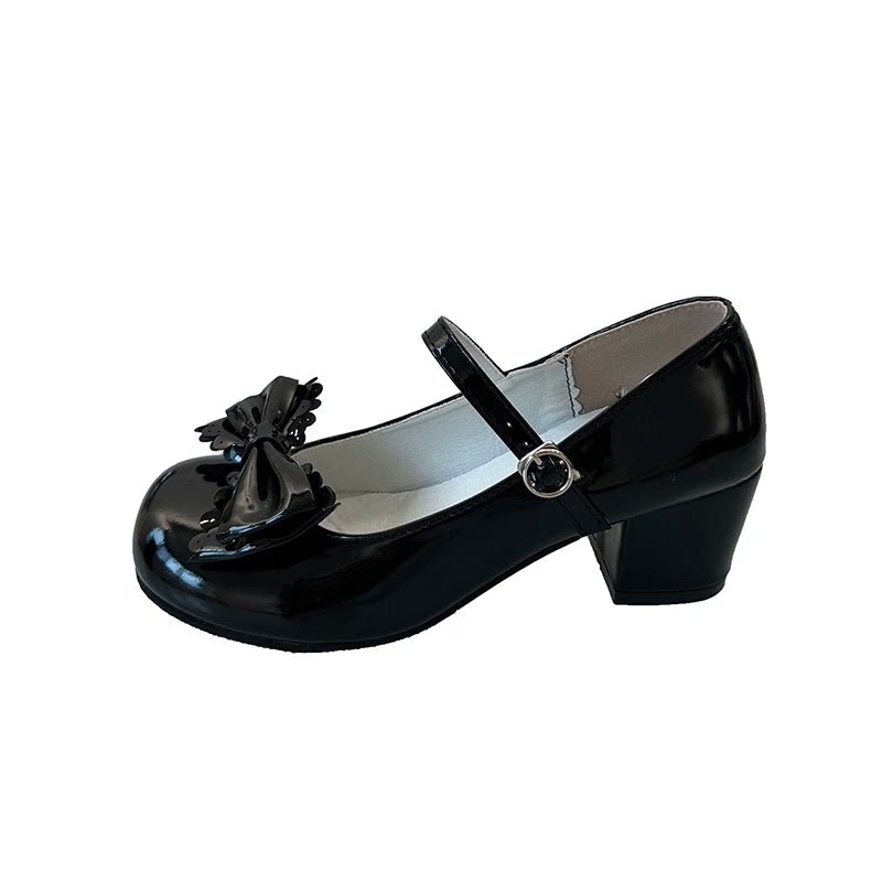 LBSFY -Cute Butterfly-knot Women Lolita Mary Jane Shoes Concise Thick Heel Leather Shoes Ladies Shallow Pumps