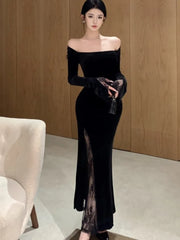 LBSFY -Women's Sexy Black Velvet Dress Elegant Chic Off Shoulder Lace Split Evening Party Dresses Autumn Female Bodycon Vestidos Mujer