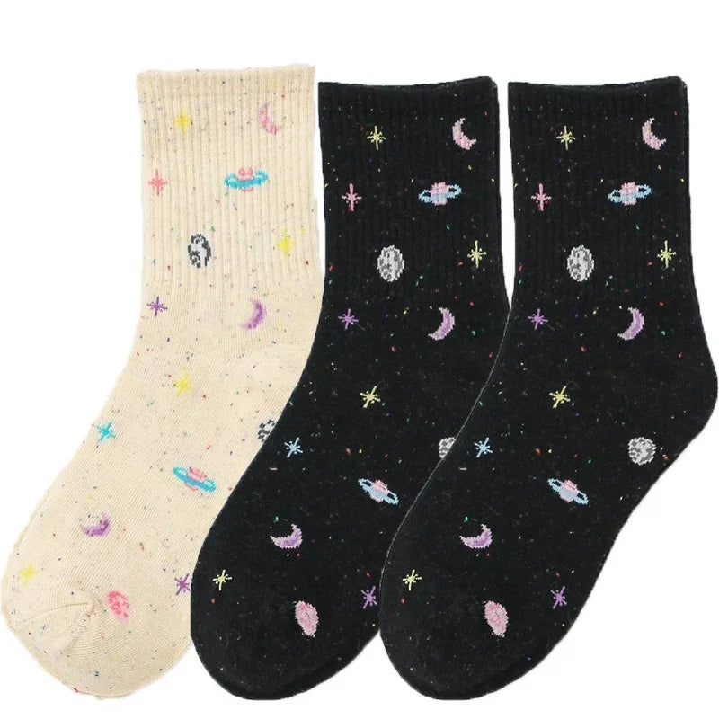 Lbsfy Funny Moon Stars Pattern Socks Women Harajuku Planet Space Tube Sock Female Colorful Sweet Warm Cute Casual Streetwear Meias