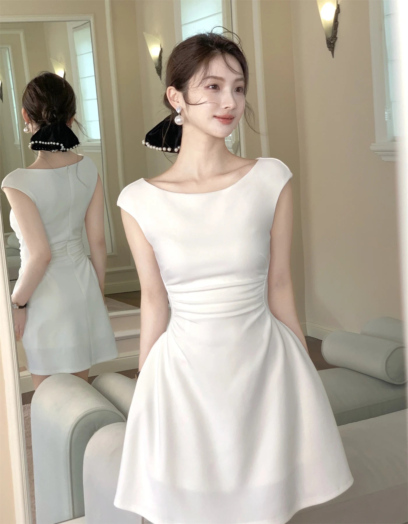 LBSFY -French Vintage Slim Women's Dresses Summer Elegant Slash-Neck A-Line Folds Design Shoulder Wrap New Dresses Party Evening 2025