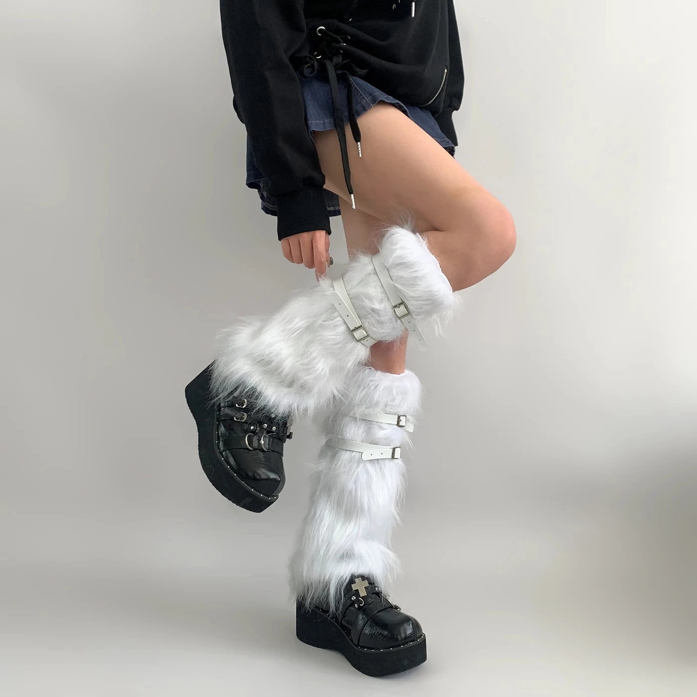 Lbsfy Punk leather belt Fur Leg Warmers Thickened Imitation Rabbit Women Leggings Boots Cover Lolita Punk Harajuku Party Accessories