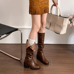 LBSFY -New Style Fashion Women's Thick Heels Fold Pile Long Knight Boots Pointed Low Heels Casual Elegant Temperament Sleeve Slim Boots