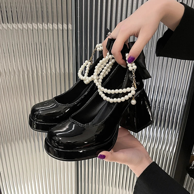 LBSFY  Butterfly-knot Women Mary Jane Shoes Spring Autumn Stripper Party Shoes Laides Elegant Platform Thick Heel Shoes