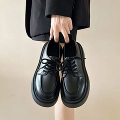 LBSFY  -  Retro British Style Black Loafers for Women Fashion Casual New Designer Platform Shoes Ladies PU Leather Lace Pumps Shoes Ladies