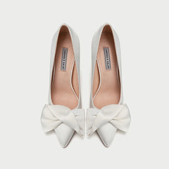 LBSFY  -  Point Toe White Bow Thin High Heel Bridal Shoes Women Size 41 To 44 Bridesmaid Wedding Shoes Female