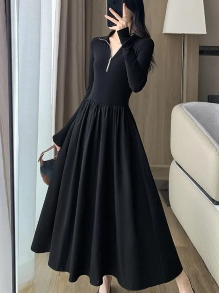 LBSFY -Vintage Elegant Solid Knitted Midi Dresses Women Korean Casual Long Sleeve Slim A-Line Black Birthday Party Robe Autumn Clothing