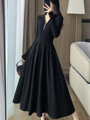 LBSFY -Vintage Elegant Solid Knitted Midi Dresses Women Korean Casual Long Sleeve Slim A-Line Black Birthday Party Robe Autumn Clothing