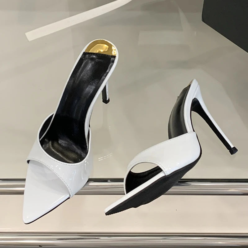 LBSFY -Summer White Patent Leather Women Slippers Sandals Sexy Leopard Print Pointed Toe Mules High Heels Party Stripper Shoes