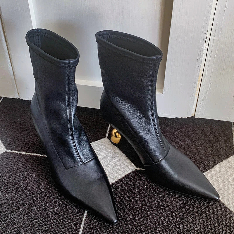 LBSFY -New Style Fashion Women High Heels Short Leather Boots Female Pointed Thin Heel Boots Ladies Ankle Short Boots Zapatos De Mujer