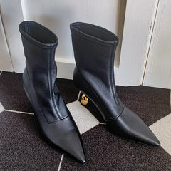 LBSFY -New Style Fashion Women High Heels Short Leather Boots Female Pointed Thin Heel Boots Ladies Ankle Short Boots Zapatos De Mujer