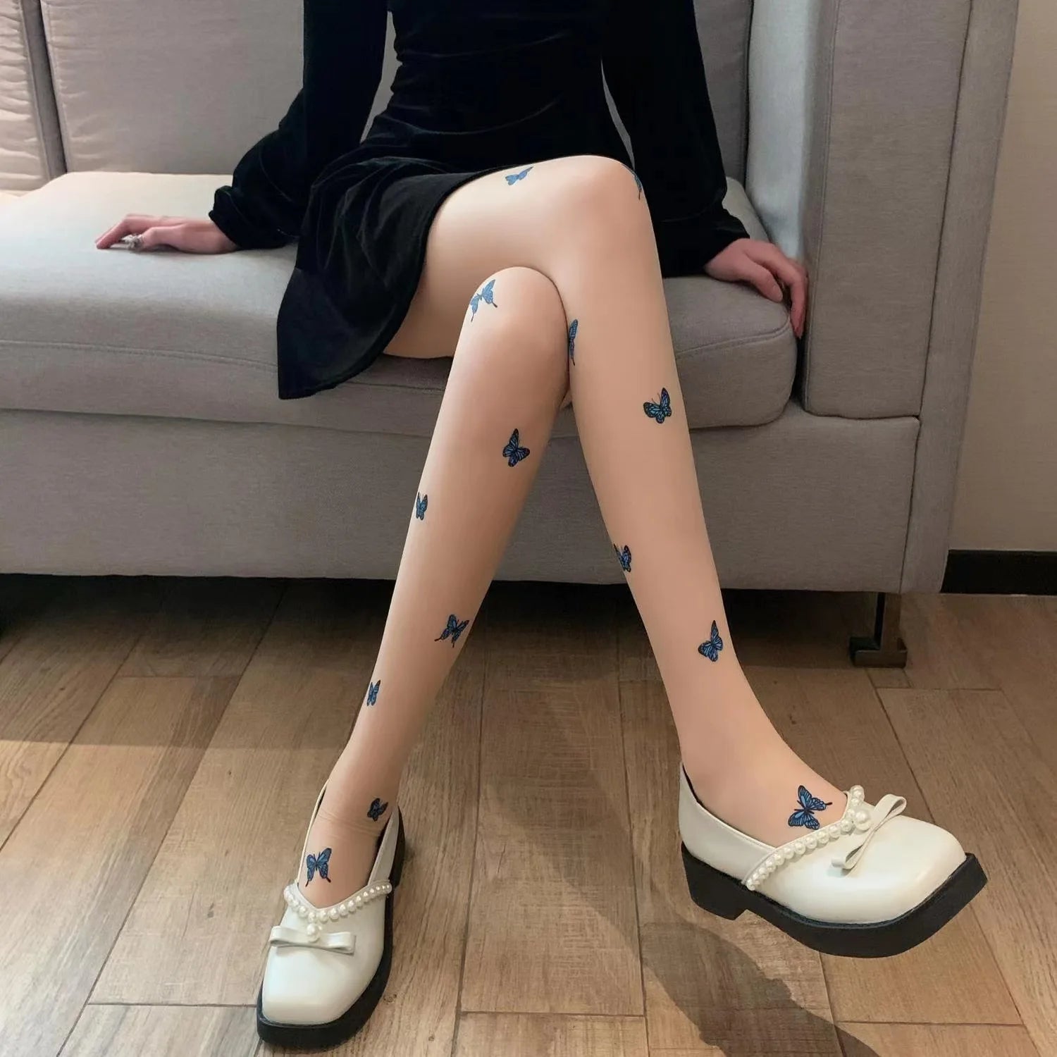 Lbsfy Pantyhose Woman Spring and Summer Blue Butterfly Thin Sexy Long Stockings for Women