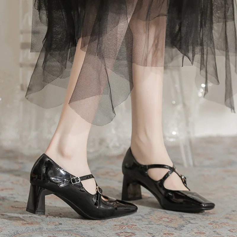 LBSFY  -  Square Toe Heeled Mary Jane Shoes Patent Leather Shallow Retro Chunky Women Shoes Cross Thin Strip Fashion Elegant Pumps Women