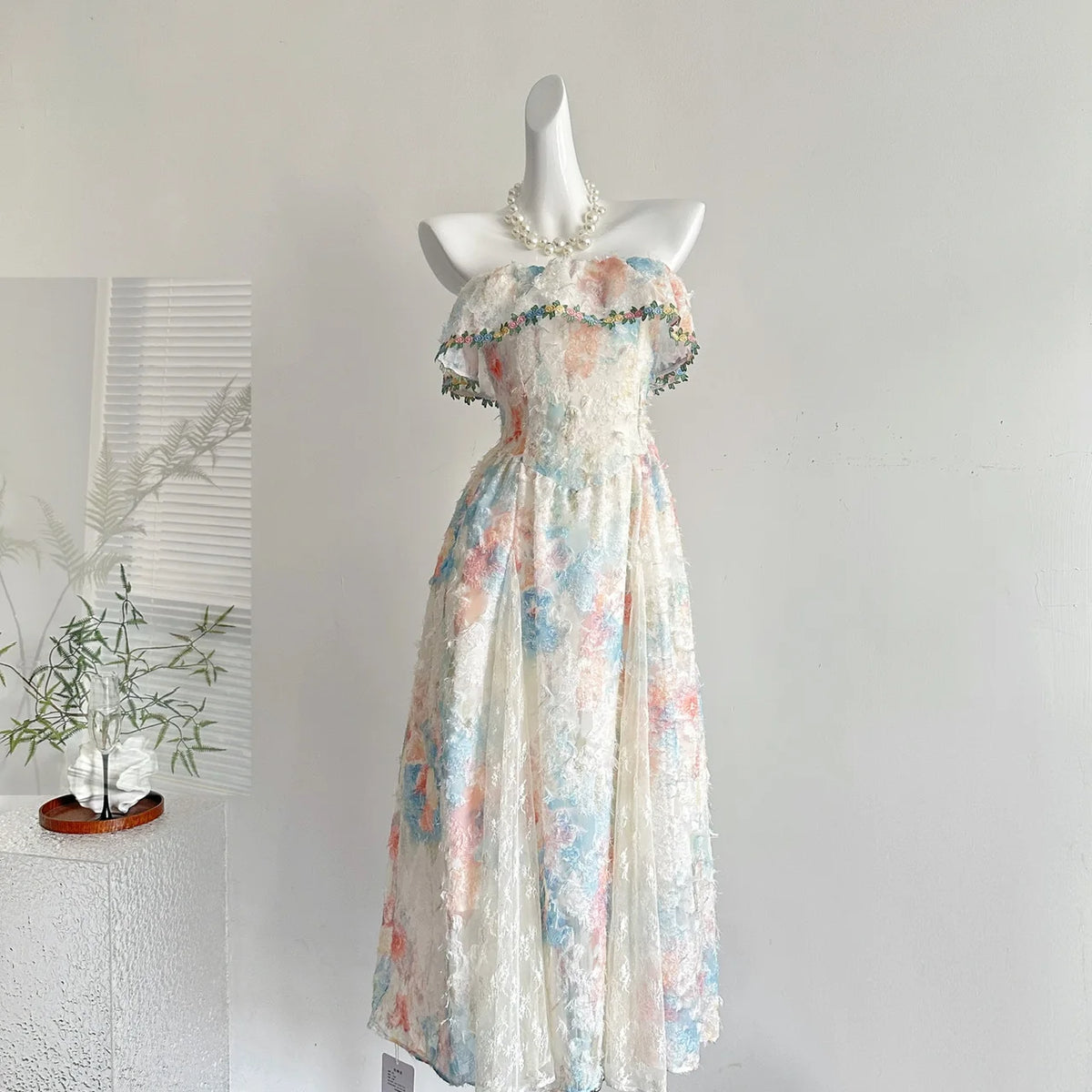 LBSFY -2025 Summer French Elegant Vacation Sweet Evening Dress Women Lace Strapless Long Vintage Dress Casual Original Design Clothes