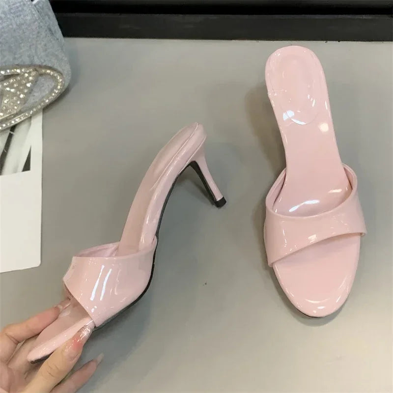 LBSFY -Summer Patent Leather Open Toe Slippers Fashion Thin Low Heels Beach Prom Slide Prom Slide Shoes