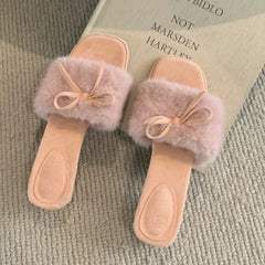 LBSFY  -  New Winter Fluffy Slippers Women Bow Square Toe Warm Slides Women Outdoors Peep Toe Sweet Elegant Chunky Fur Slippers Female