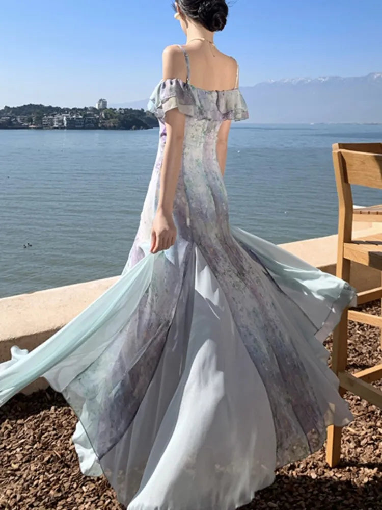 LBSFY -Summer Print Fairy Slash-Neck Ruffles Chiffon Long Dress Elegant French Romantic Princess Slim Waist Sling Dresses 2025 Robe