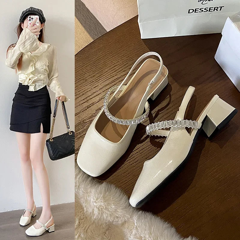LBSFY -Comfortable Soft Leather High Heels Women's Sandals Summer New Style Fashion Mary Jane Shoes Square Toe Rubber Bottom