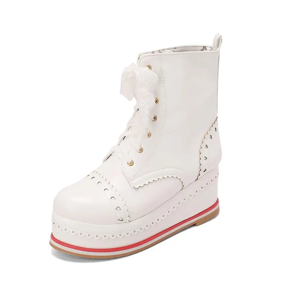 LBSFY  -  Lolita Style Sweet Girls Shoes Lace Up Platform Hidden Heels Wedges Princess Shoes Women Brock Ankle Boots Pink Plus Size 34-48