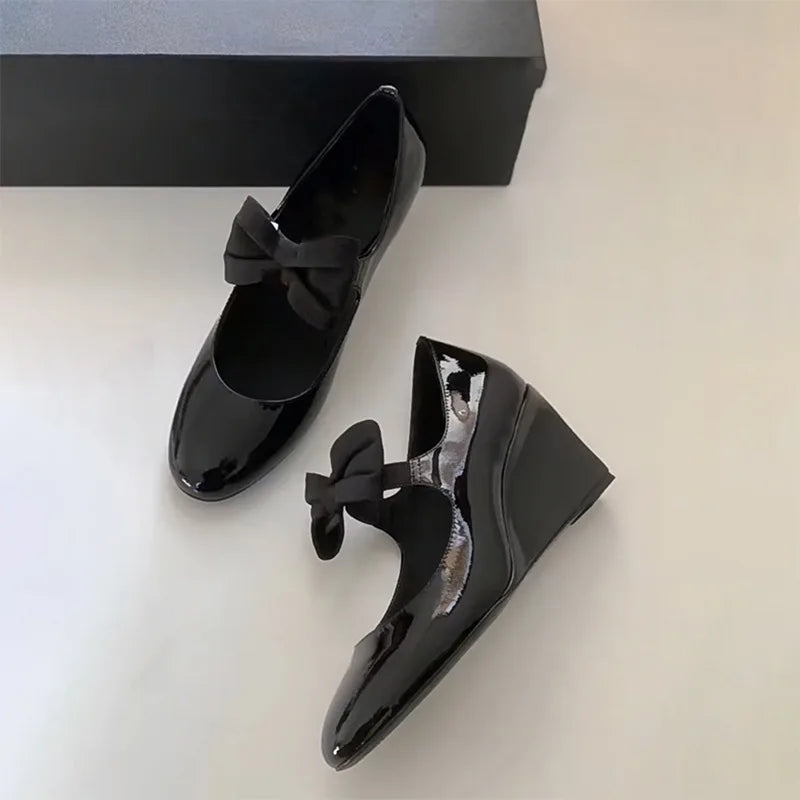 LBSFY  -  Slope Heel Single Shoes for Women 2024 New Spring Versatile Bright Bow Mary Jane Leather Shoes