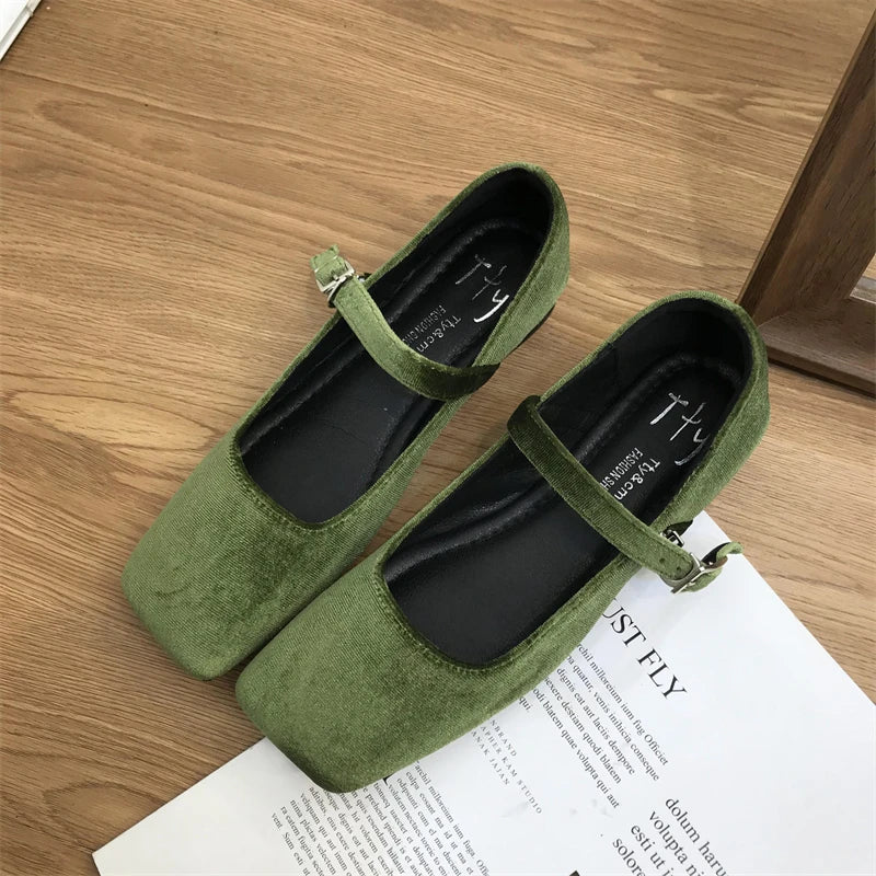 LBSFY -Fashion Women's Velvet Flats Ladies Square Toe Shallow Buckle Casual Ballet Shoes Slip-on Outdoor Mary Jane Shoes