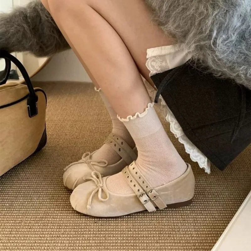 LBSFY -Lolita Socks Spring and Summer Hollow Lace Bowknot Thin Breathable White Stockings Middle Tube Casual Black Socks