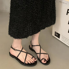LBSFY -Summer New Brand Women Sandal Fashion Narrow Band Ladies Elegant Gladiator Shoes Soft Flat Heel Outdoor Dress Shoes Muj
