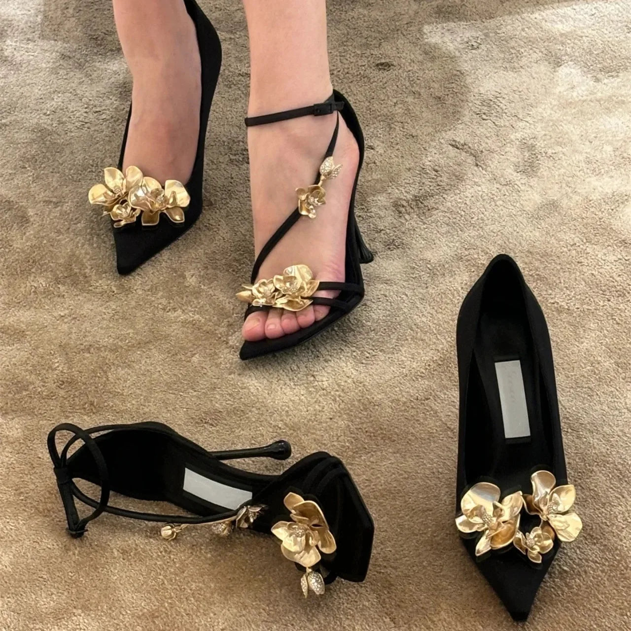 LBSFY  -  Golden Flowers High Heels Women Silk Luxury Designer Sandal Sexy Party Dress Pumps Pointed Metallic Flower Stiletto Heels Ladies