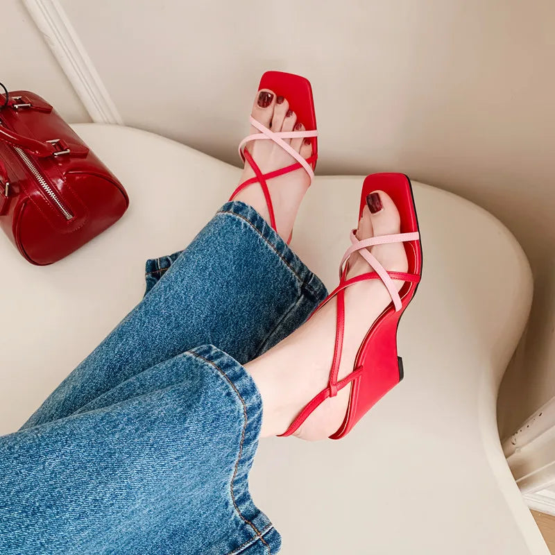 LBSFY  -  Fashion Sandals Women's New High Quality True Leather Open Toe Thin Belt Cross Wedges Heel Sandals Summer Open Shoes