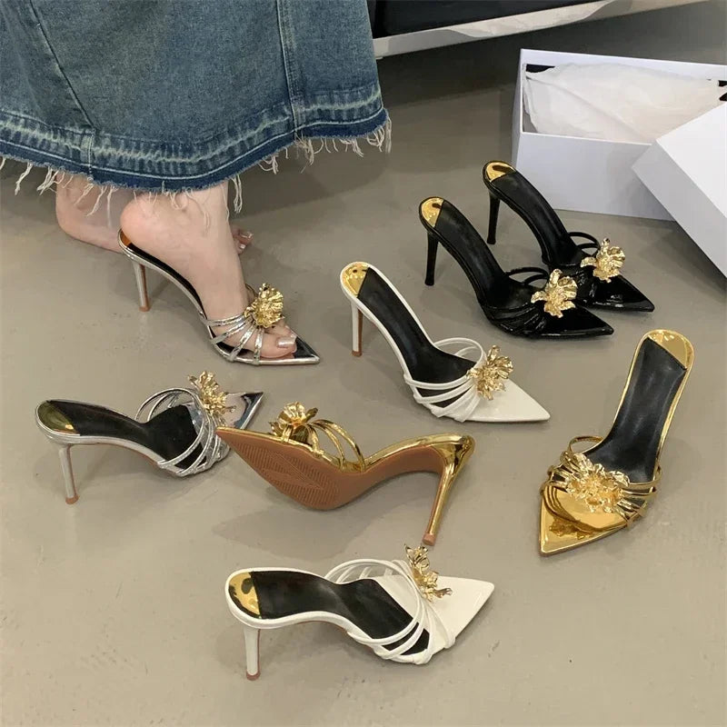 LBSFY -Summer Design Metal Flower Narrow Band Pointed Toe Women Slippers Thin Heels Party Prom Slide Shoes Zapatillas De Mujer