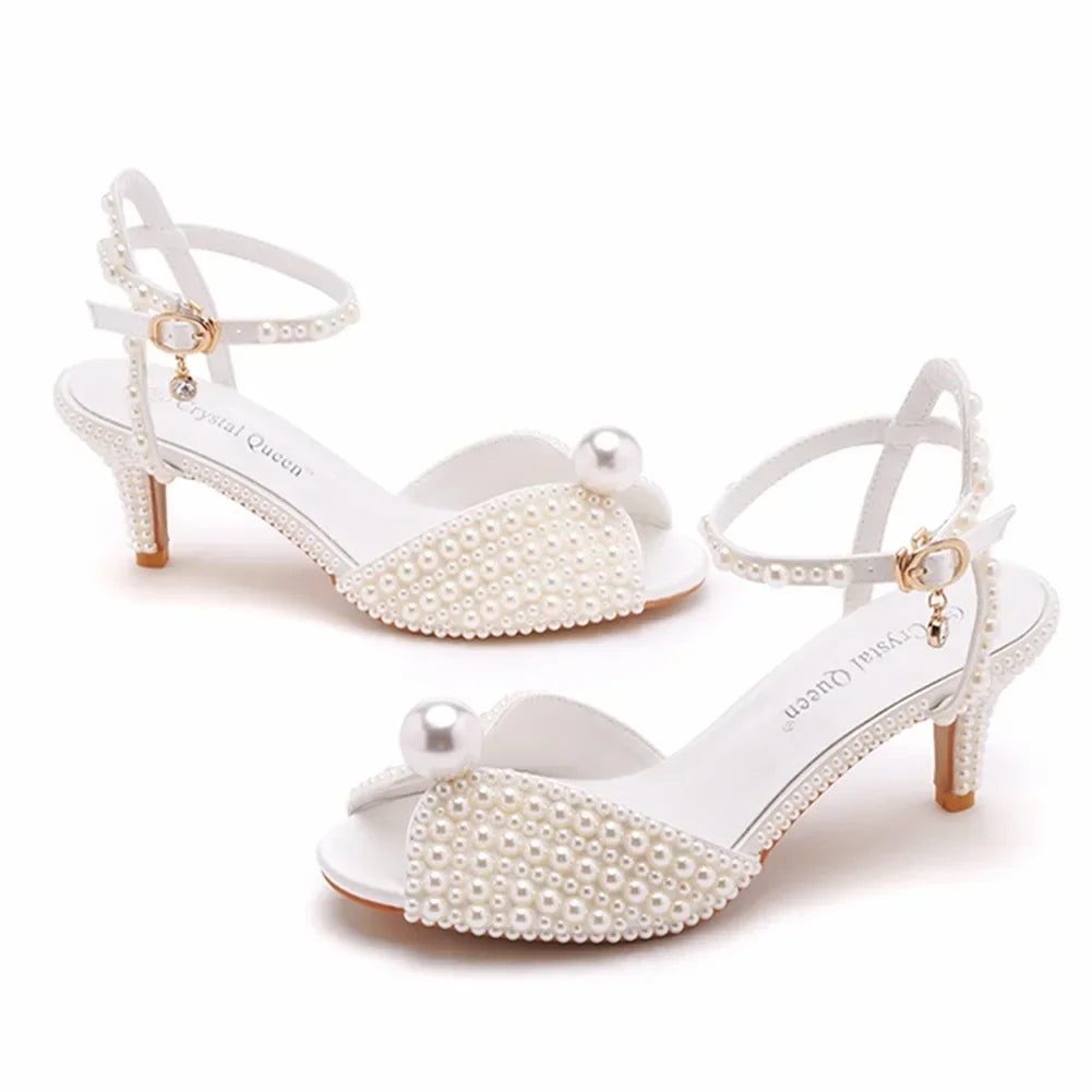 LBSFY  -  White Pearl Heels Sandals Shoes for Women Wedding Party 6cm Ankle Strap 2024