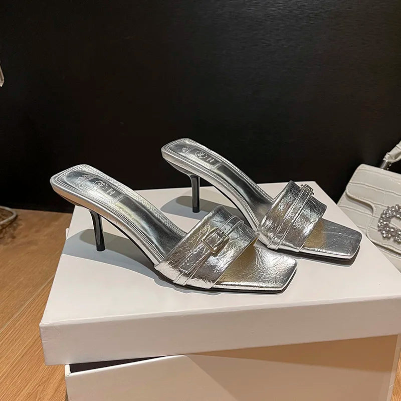LBSFY  -Spring New Women Slipper Fashion Narrow Band Ladies Elegant Sandal Shoes Thin High Heel Dress Slip On Flip Flop