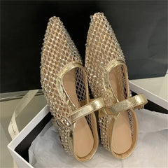 LBSFY -Mesh Hollow Out Buckle Strap Mules Slippers Women Elegant Fashion Pointed Toe Square Low Heels Shoes