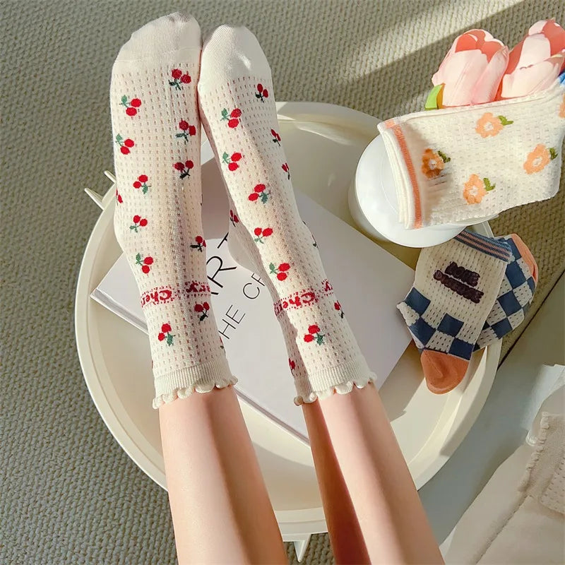 Lbsfy Summer Cherry Print Socks Female Thin Mesh Socks Students Girls Cute Kawaii Harajuku Socks For Girls Gift Streetwear Ruffle Soks