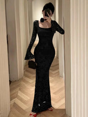 LBSFY -Elegant Tie Flowers Solid Evening Dresses Square Collar Flare Sleeve Lace Mermaid Long Dress Slim Party Vestidos Women's Clothes