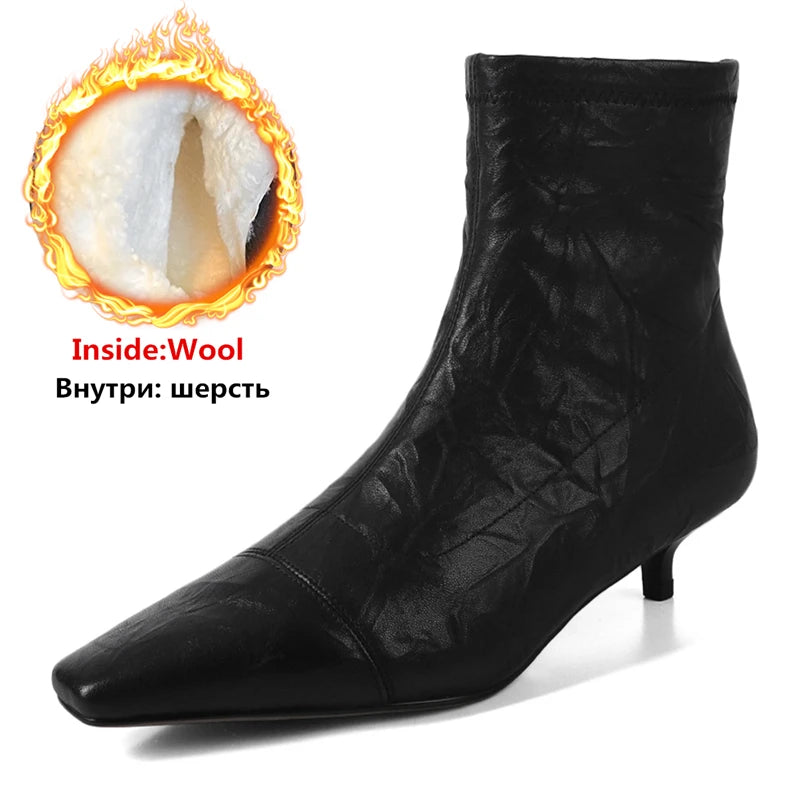 LBSFY  -  Plus Size 34-41 New Genuine Leather Boots Women Zipper Pointed Toe Mid Heels Autumn Winter Ankle Boos Wool Snow Boots