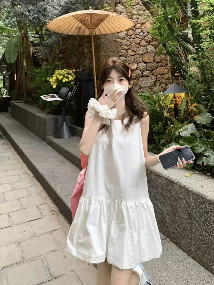 LBSFY -Summer Elegant Korean Solid Short Women's Dress Sweet Sleeveless O-Neck Loose-Fit Casual Office Lady Ball Gown Mini Skirt 2025