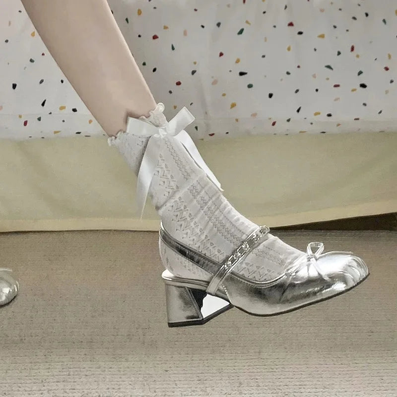 LBSFY -Silver Tweed Style Women's Pumps With Platform And Strapless Design Summer New Arrival French Mary Jane Shoes