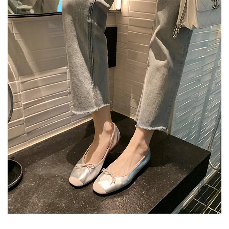 LBSFY -Fashion Design Silk Ballerinas Women Pumps Slip On Loafers Round Toe Square Heels Bowknot Casual Spring Autumn Shoes