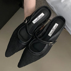 LBSFY -Fashion Hollow Out Lace Mesh Buckle Women Slippers Sandals Pointed Toe Thin Low Heels Slingback Mules Shoes Zapatos De Mujer
