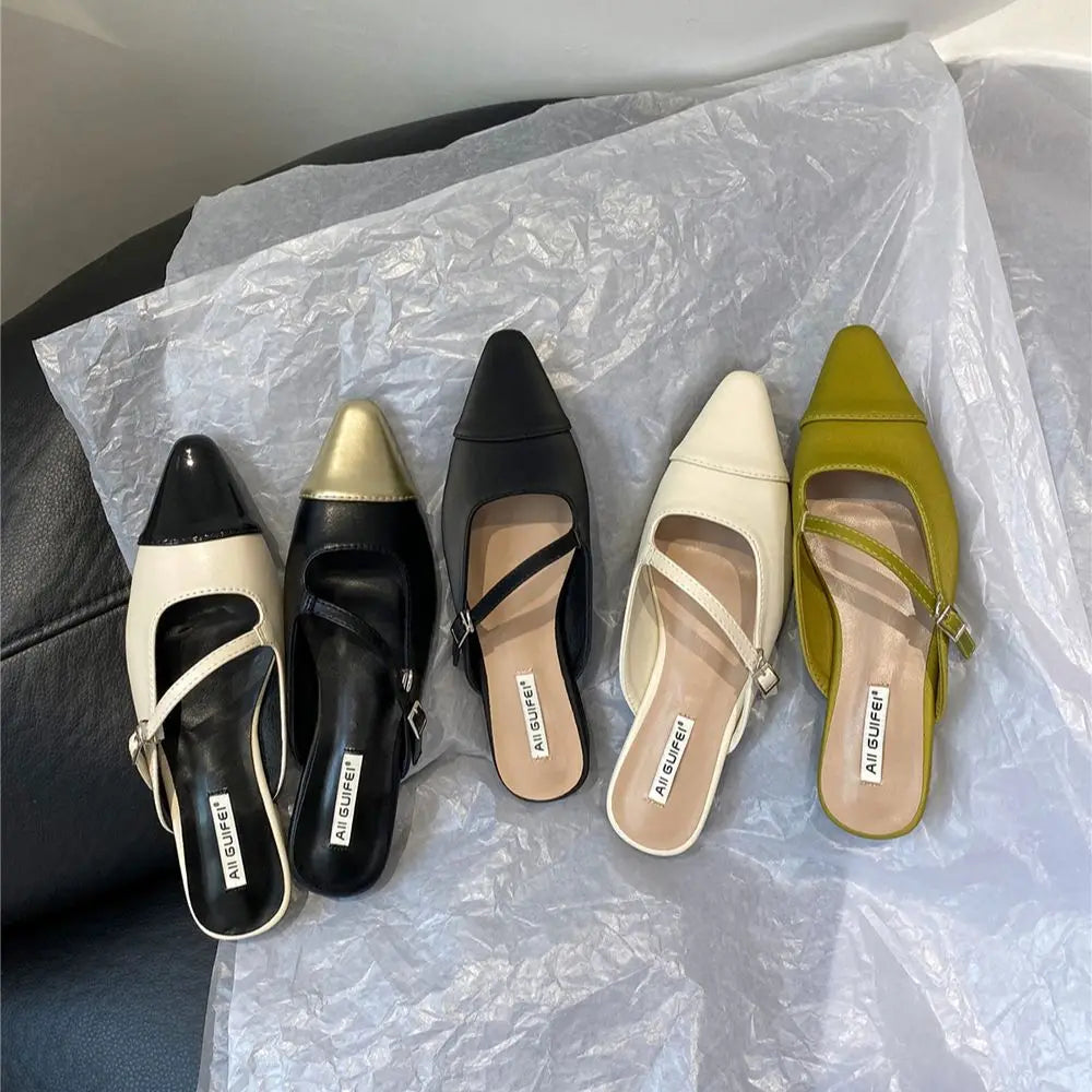 LBSFY  -  Pointed Toe Women Slippers Mixed Solor Color Flat Heels Shallow Slip On Casual Slides Mules Shoes Black Beige Green Slippers