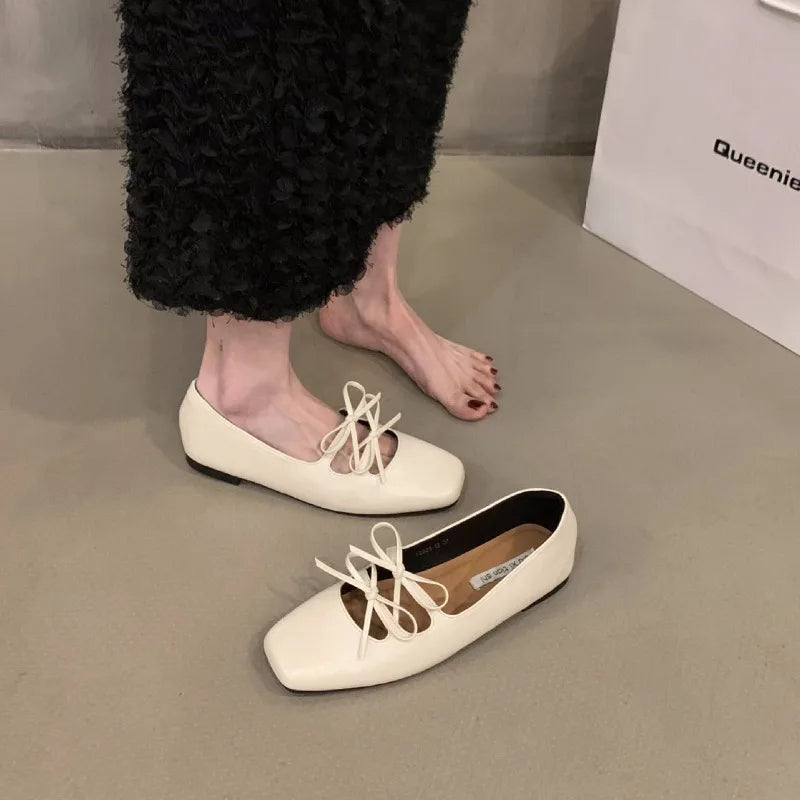 LBSFY -Sweet Double Bowknot Women Mary Jane Shoes New Square Toe Dress Flat Shoe Ladies Red Soft Sole Shoes Zapatos